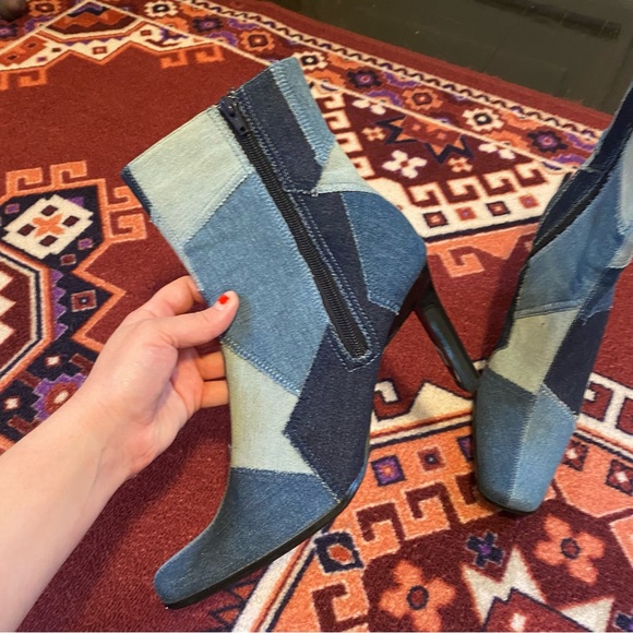 Y2K 2000s Denim Patchwork Ankle Boots Blue Square Toe Heels Booties Size 10 - Picture 9 of 11